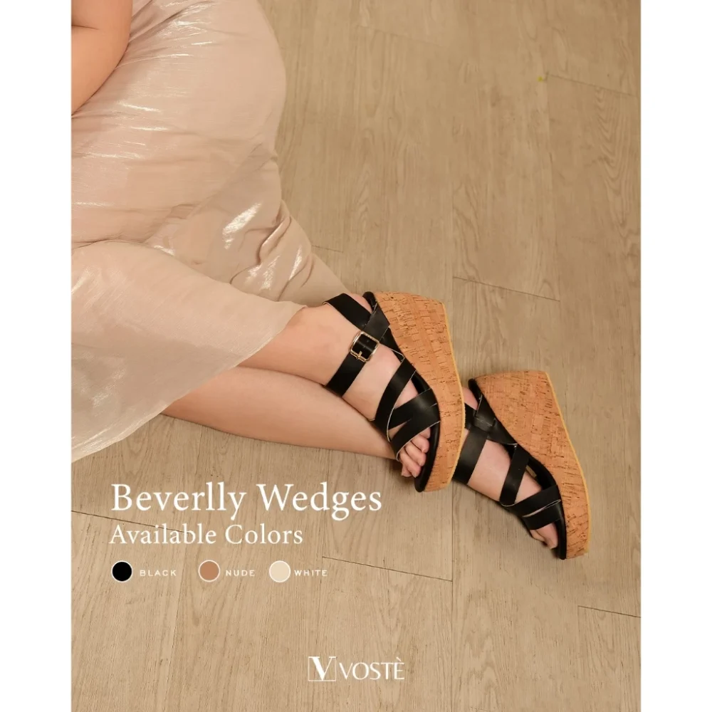 VOSTE Beverlly - Sepatu Sandal Wedges Wanita Tali Pesta Premium 9cm ( White, Black, Light Brown ) - Image 3