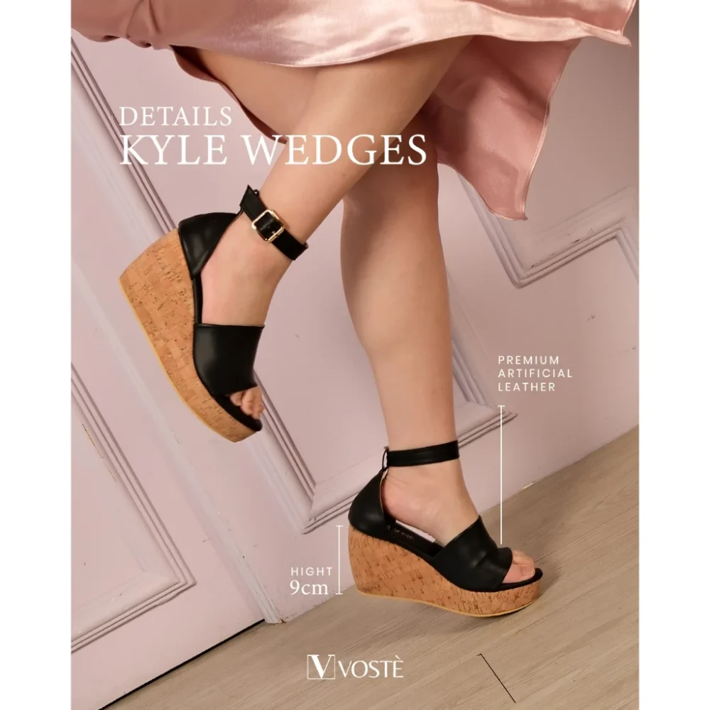 VOSTE Kyle - Sepatu Sandal Wedges Wanita Pesta Premium 9cm ( Brown, White and Black ) - Image 5